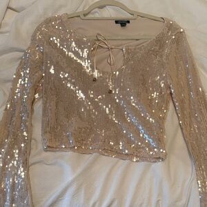 Champagne Sequin Tie-Front Long Sleeve Crop Top